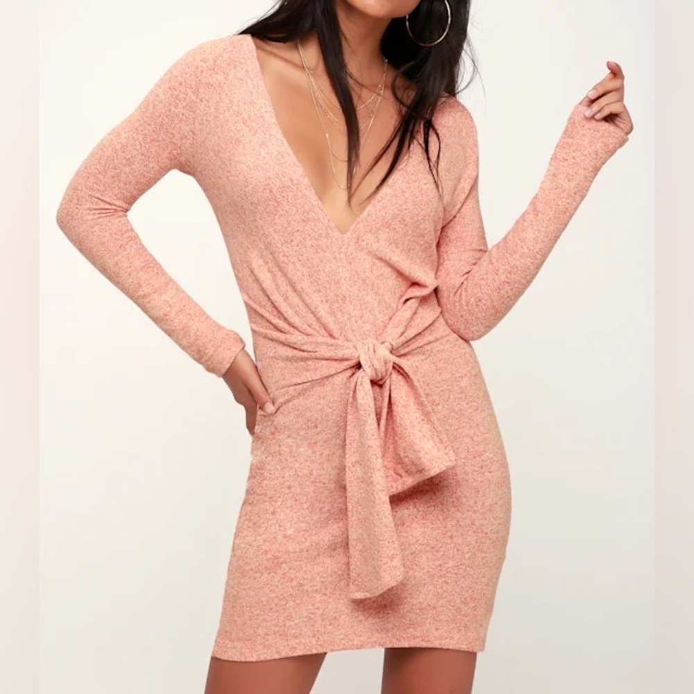 Free People Heather Pink Ginger Cozy Tie Front Long Sleeve Sweater Dress Size XS